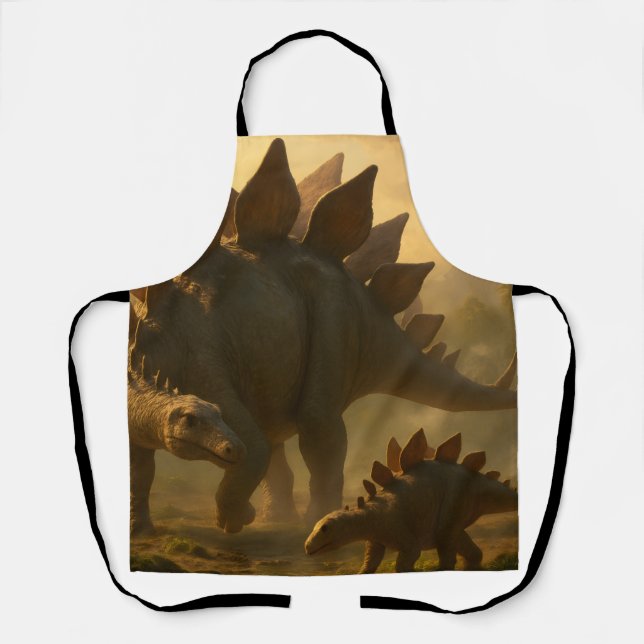 A noble adult Stegosaurus gently guiding its young Apron (Front)