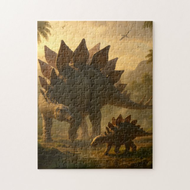 A noble adult Stegosaurus gently guiding its young Jigsaw Puzzle (Vertical)