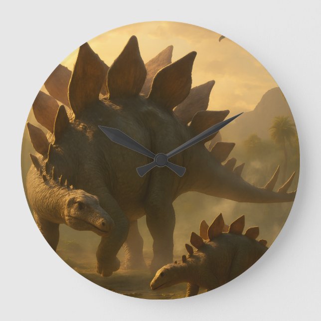 A noble adult Stegosaurus gently guiding its young Large Clock (Front)