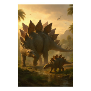 A noble adult Stegosaurus gently guiding its young Photo Print
