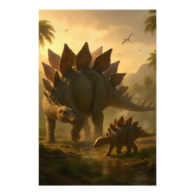 A noble adult Stegosaurus gently guiding its young Photo Print (Front)