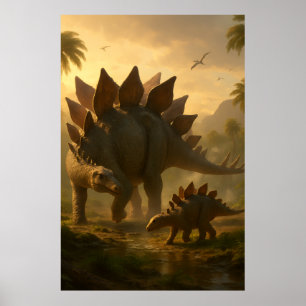 A noble adult Stegosaurus gently guiding its young Poster