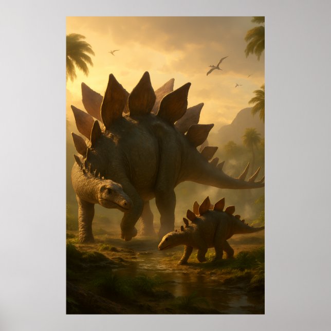 A noble adult Stegosaurus gently guiding its young Poster (Front)