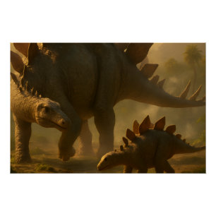 A noble adult Stegosaurus gently guiding its young Poster
