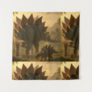 A noble adult Stegosaurus gently guiding its young Tapestry