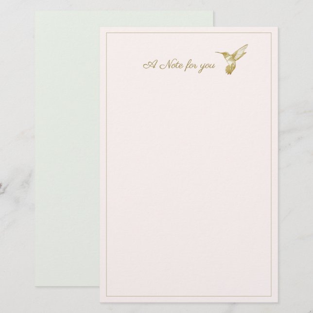 A Note For You Gold Glimmer Hummingbird Stationery (Front/Back)