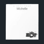 A Note from Custom Name Photographer camera<br><div class="desc">Give her a note pad that's her very own with a hint of her favourite hobby,  photography. Featuring a classic hand held camera in black on the corner with the words "A note from" with a customisable name. Simple,  minimalist design.</div>