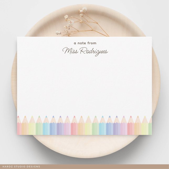 A Note From Pastel Rainbow Pencils Teacher Note Card (Note card shown in 4.5 x 6.25 inches. Add name, choose a size, paper, and corner style.)
