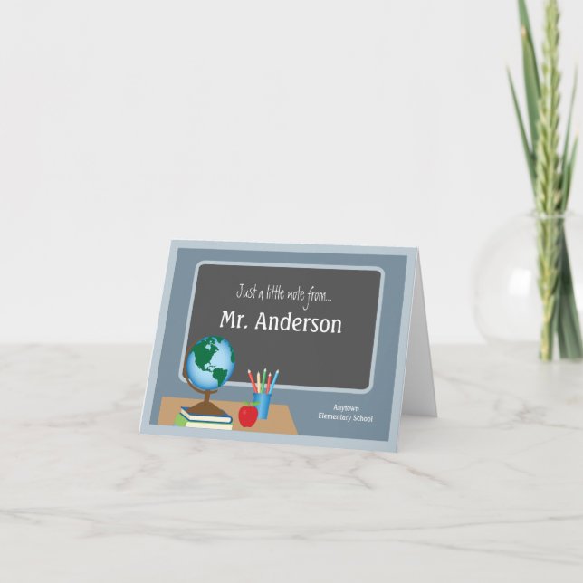 A Note From Teacher Chalkboard Globe Note Card (Front)