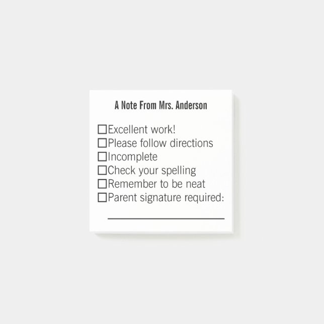 A Note From Teacher's Name Template Post-it Notes (Front)