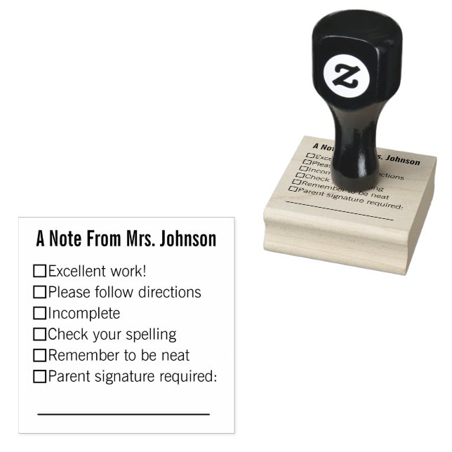 A Note From Teacher's Name with Checkboxes Rubber Stamp (Stamped)