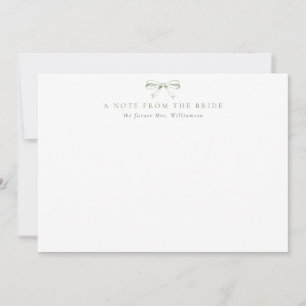 A Note From the Bride Sage Green Vintage Bow Thank You Card