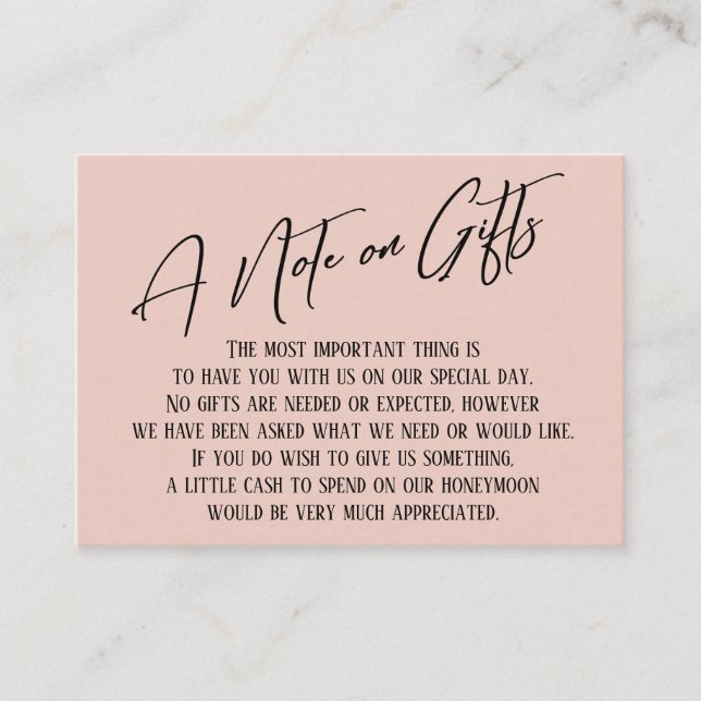 A Note on Gifts Modern Handwriting Wedding Blush Enclosure Card (Front)