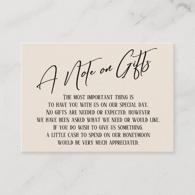 A Note on Gifts Modern Handwriting Wedding Cream Enclosure Card (Front)