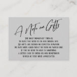 A Note on Gifts Modern Handwriting Wedding Grey Enclosure Card<br><div class="desc">These simple, distinctive card inserts were designed to match other items in a growing event suite that features a modern casual handwriting font over a plain background you can change to any colour you like. On the front side you read "A Note on Gifts" in the featured type; on the...</div>