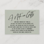 A Note on Gifts Modern Handwriting Wedding Sage Enclosure Card<br><div class="desc">These simple, distinctive card inserts were designed to match other items in a growing event suite that features a modern casual handwriting font over a plain background you can change to any colour you like. On the front side you read "A Note on Gifts" in the featured type; on the...</div>