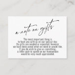 A Note on Gifts Modern Handwriting Wedding White Enclosure Card<br><div class="desc">These simple, distinctive card inserts were designed to match other items in a growing event suite that features a modern casual handwriting font over a plain background you can change to any colour you like. On the front side you read "a note on gifts" in the featured type; on the...</div>