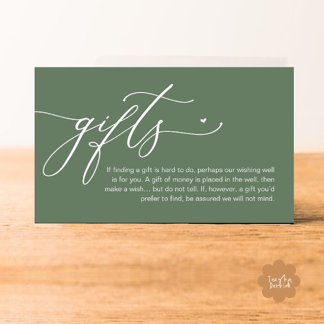 A note on gifts, Modern Romantic Wedding  Enclosure Card (A note on gifts, Modern Romantic Wedding Enclosure Card Cute Heart Honeymoon Cash Sage Green)