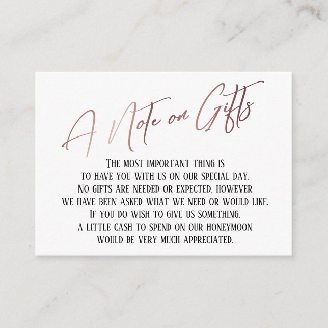 A Note on Gifts Rose Gold Handwriting Wedding Enclosure Card (Front)