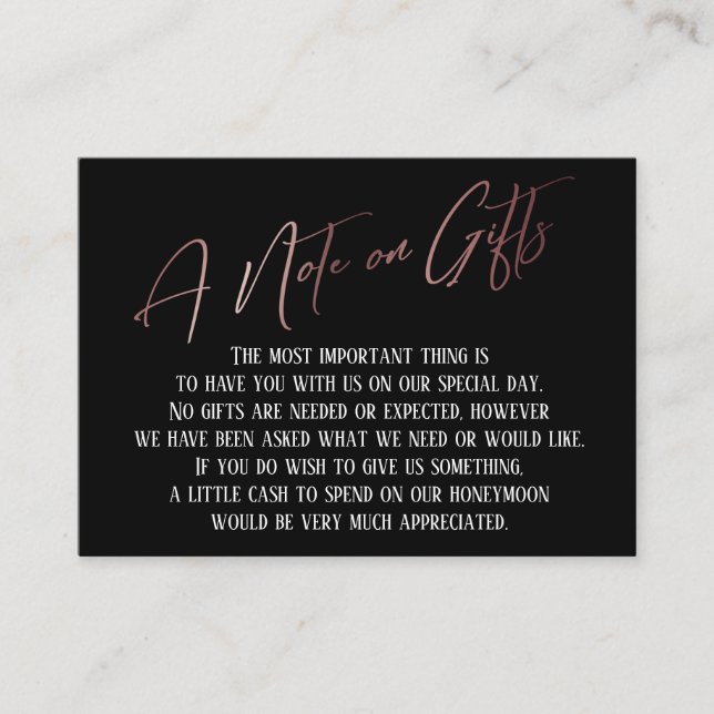 A Note on Gifts Rose Gold Handwriting Wedding Enclosure Card (Front)