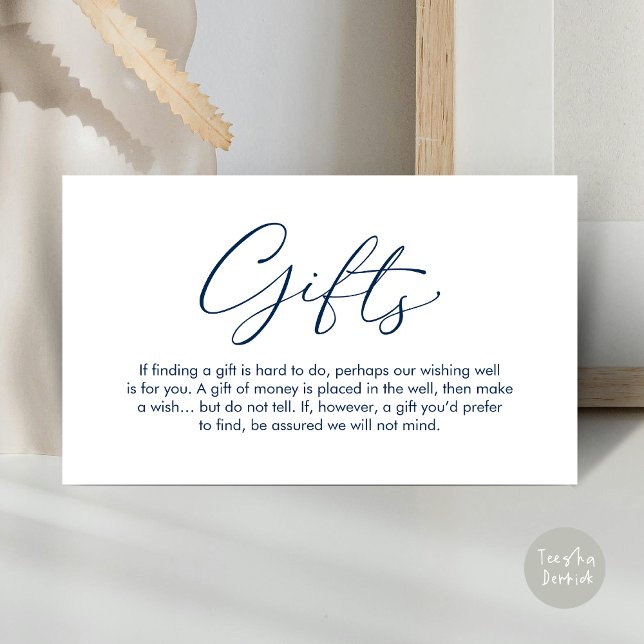 A note on gifts, wedding honeymoon wish enclosure card (A note on gifts, wedding honeymoon wish, fund, enclosure card, modern romantic, Navy Blue)