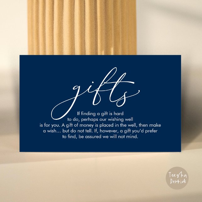A note on gifts, wedding honeymoon wish enclosure card (A note on gifts, wedding honeymoon wish, fund, enclosure card, modern romantic, Navy Blue)