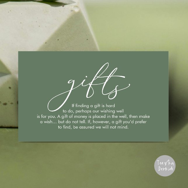 A note on gifts, wedding honeymoon wish enclosure card (A note on gifts, wedding honeymoon wish, fund, enclosure card, modern romantic, Greenery Sage Green)
