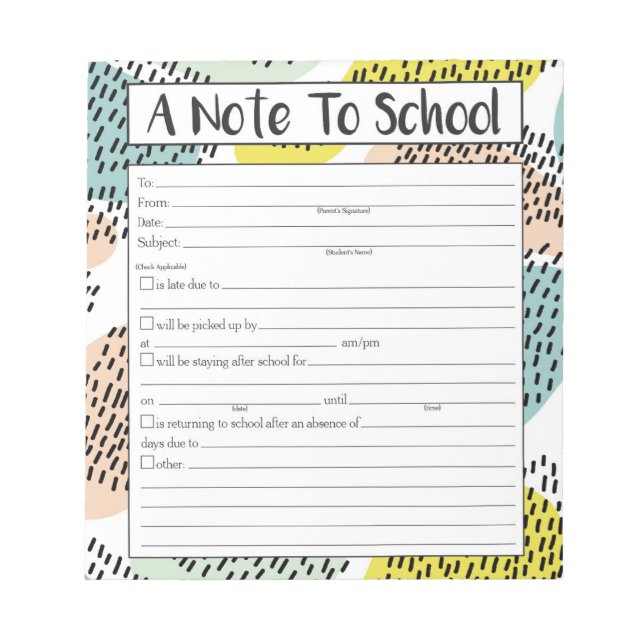 A Note to School Notepad, Note to Teacher (Front)