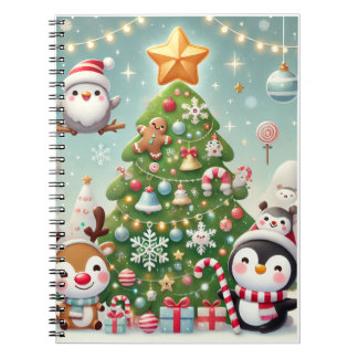 a notebook with a Christmas tree and fun character