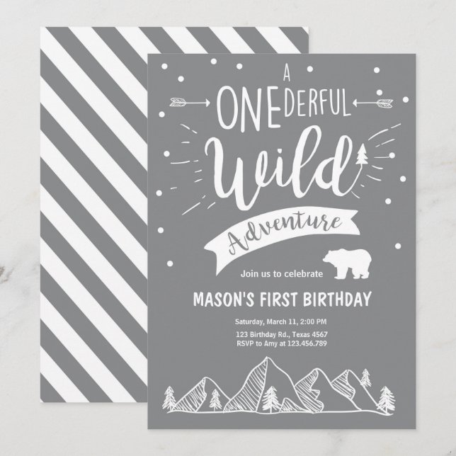 A Onederful Wild Adventure Birthday Invitation Boy (Front/Back)
