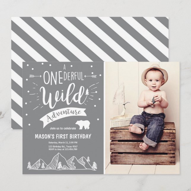 A Onederful Wild Adventure Birthday Invitation Boy (Front/Back)