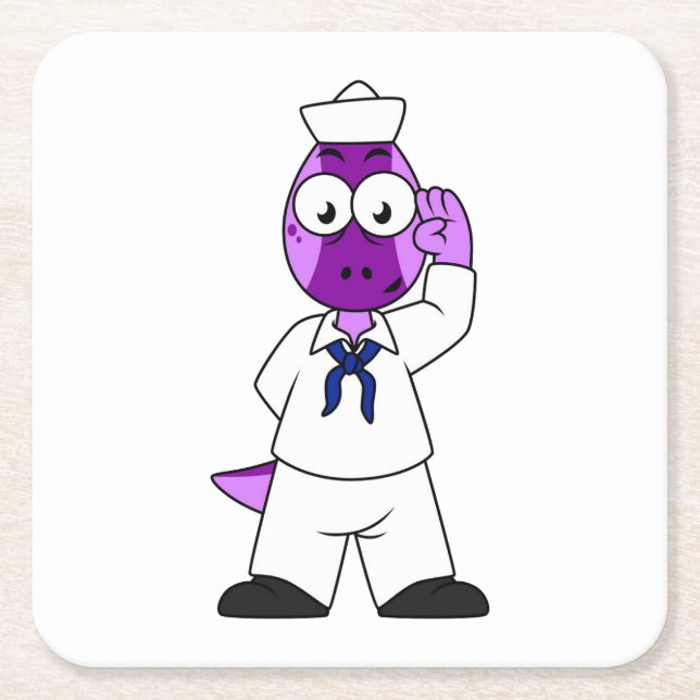 A Pachycephalosaurus Dinosaur Navy Sailor. Square Paper Coaster (Front)