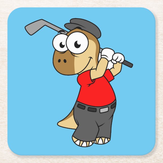 A Pachycephalosaurus Dinosaur Playing Golf. Square Paper Coaster (Front)