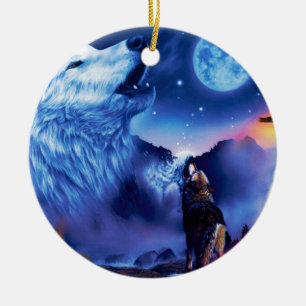 A pack of wolves on a dark night ceramic tree decoration