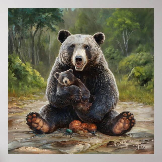 A painting of a bear tenderly holding a baby bear  poster (Front)