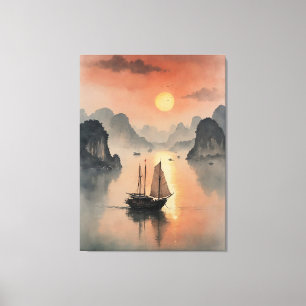 a painting of a boat in the water canvas print
