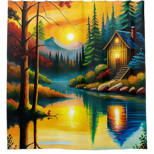 a painting of a cabin by a lake at sunset shower curtain (Front)