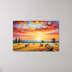 a painting of a field with hay bales canvas print