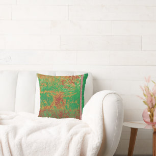 a painting of a green field with an orange border cushion