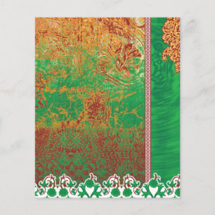 a painting of a green field with an orange border flyer