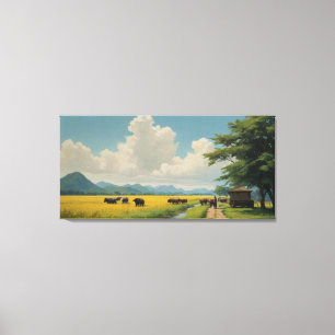 a painting of a group of cows in a field vintage canvas print