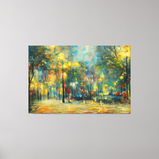 a painting of a park with trees and lights canvas print
