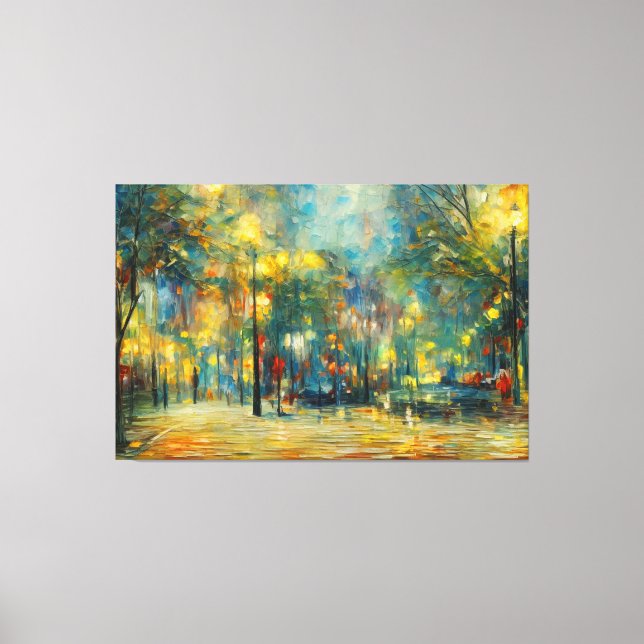 a painting of a park with trees and lights canvas print (Front)
