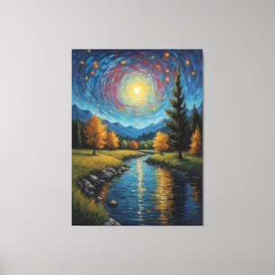 a painting of a river with trees and mountains  canvas print