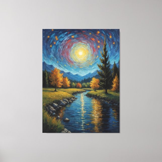 a painting of a river with trees and mountains  canvas print (Front)