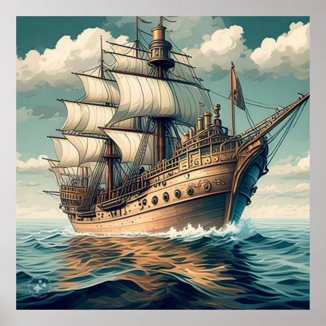 A Painting Of A Ship With The Sails Down-56350 Poster (Front)