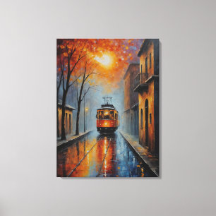 a painting of a train on a wet street canvas print