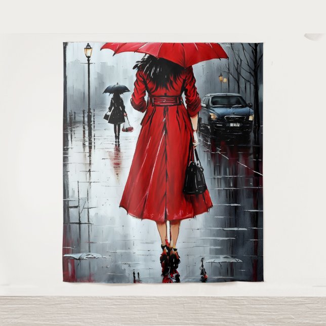 a painting of a woman walking in the rain tapestry (Front)
