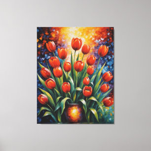 a painting of red tulips in a vase canvas print