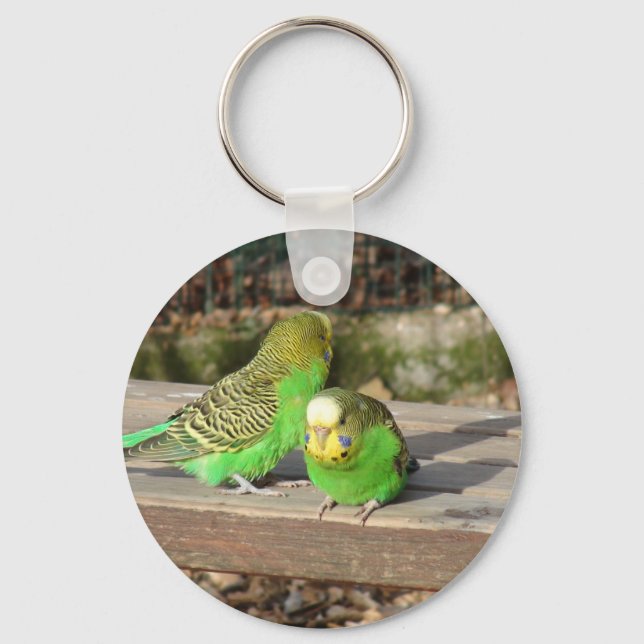 A Pair of Green Budgies on a wooden bench Key Ring (Front)